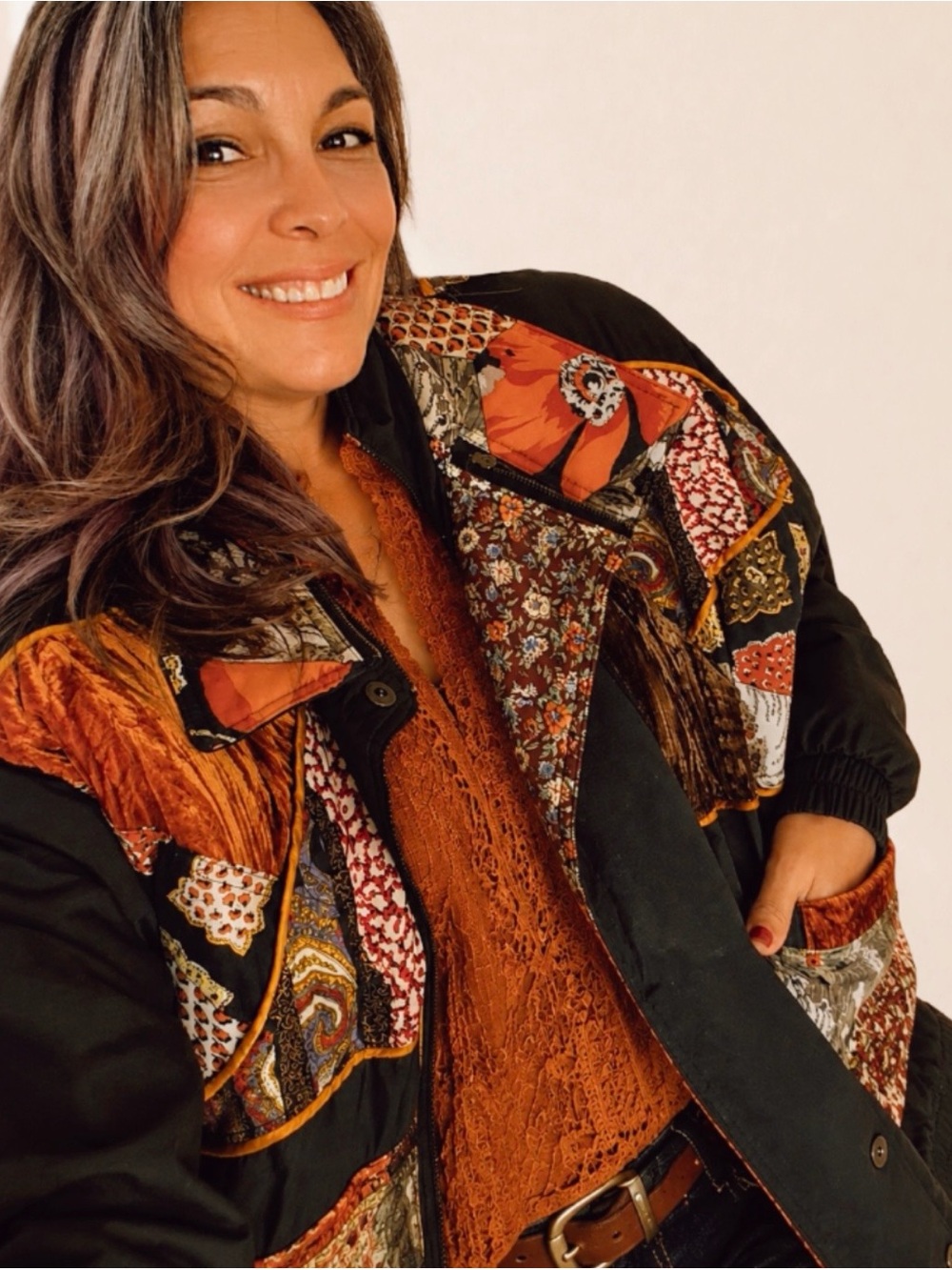 Vintage Winlit Patchwork Puffer Jacket Black Tapestry Coat L Boho 90s